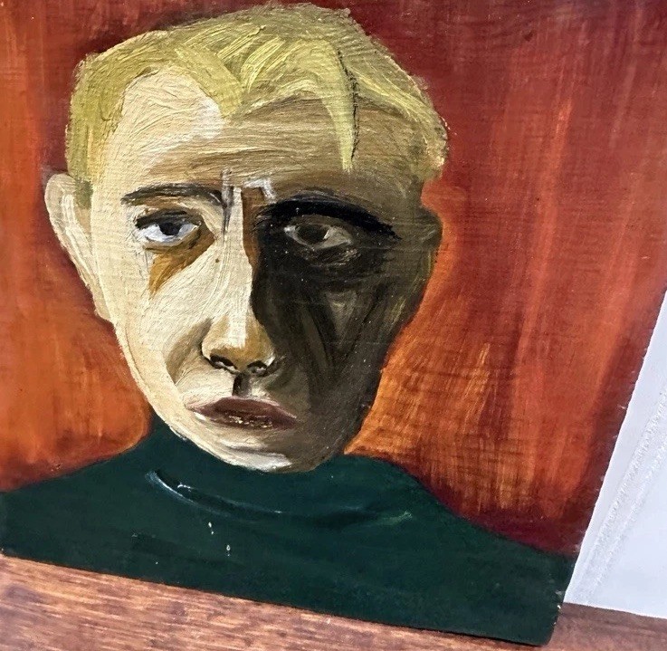 Small Original Acrylic Board Male Portrait 8″ Square Unsigned Unusual Painting
