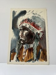 Native American Indian Paintinf Portrait Chief With Headdress Vintage Sanchez