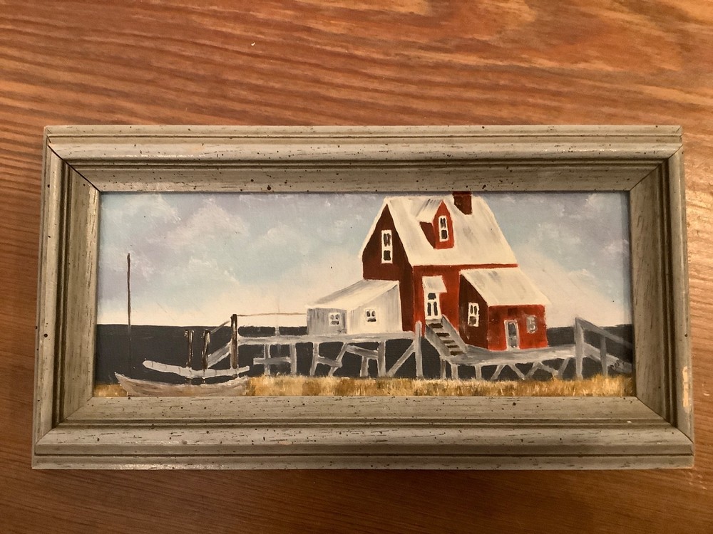 Vintage Original Miniature Saltbox Nautical Painting Signed Framed 8.5×4.5”