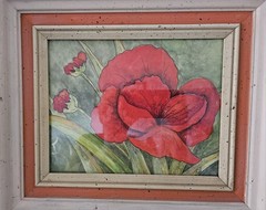 Vtg Original Watercolor Painting Coral Poppies Flowers Signed 16″x13″