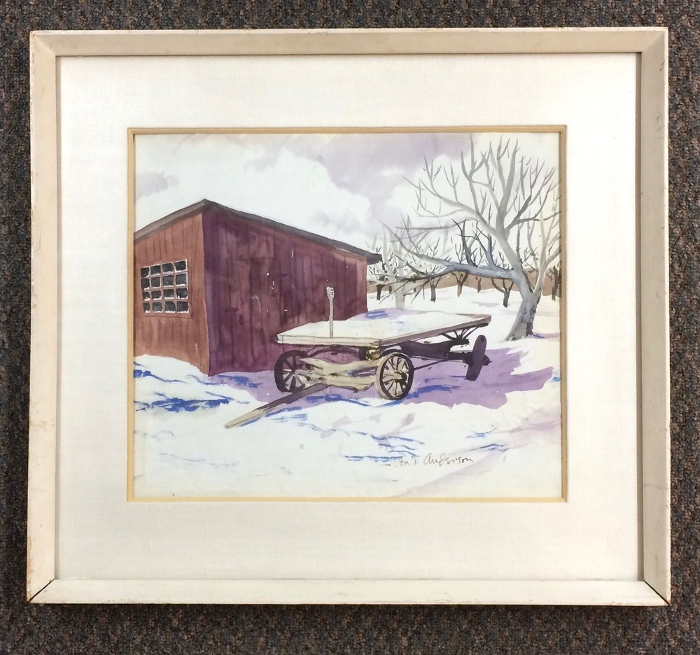 Vtg Don Anderson Signed Original 23” x 25” Wagon in the Snow Watercolor Painting