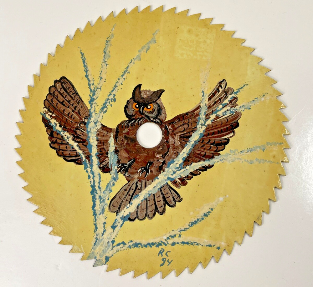 Owl in Tree Oil Painting on 6.5″ Circular Saw Blade Signed Ron Crooker ’94 MN