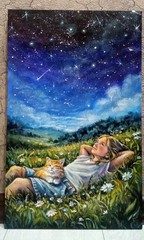 Original Canvas Painting, Girl and Cat, Nature, Fantasy Art, Ukraine Night