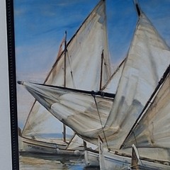 “Violet Boat” By Juame Laporte Sailboat, Seascape, Realism, Blue, Tan, cream