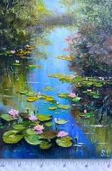 Summer Original Oil Painting Landscape Forest Backwater Lake Wall Art 5 x 7 in