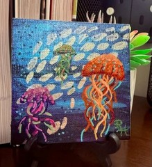 Whimsical Colorful Jellyfish – small 4 x 4 painting on canvas original