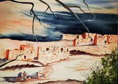 VEL ARGYLE (American, b. 1940) Taos Pueblo Crafting Vintage Watercolor Painting