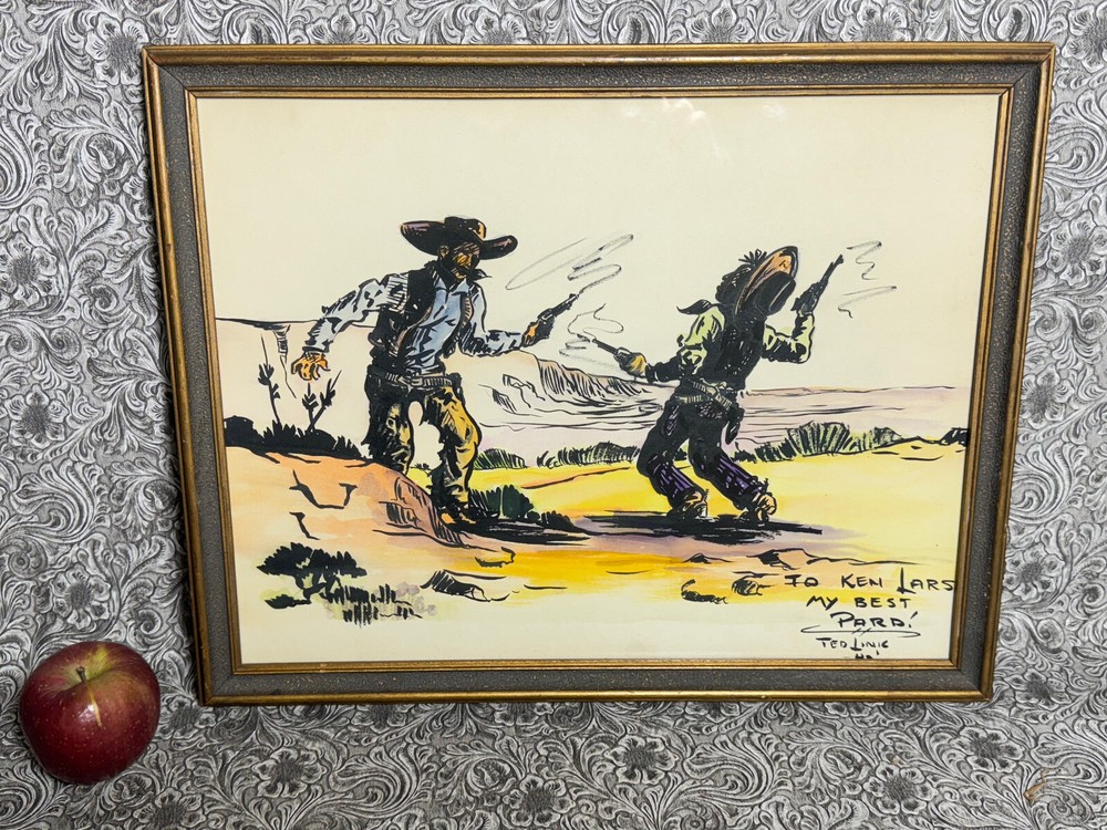 1942 Watercolor Painting Cowboy Western Rare Artist Signed OOAK Art MCM