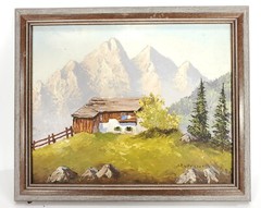 Vintage Alpine Landscape Painting on Artist Board signed illegible
