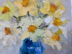 Daffodils Oil Painting Yellow Flowers in Blue Vase Canvas 8×10 inc Elena Boyko