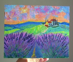 Tuscan Villa Landscape Provence Lavender Field Sunset 8×10 Original Textured Art