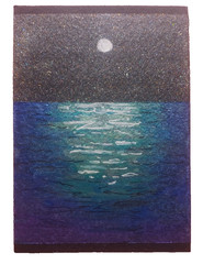 aceo art card original signed 2.5×3.5 seascape night full moon ocean clouds