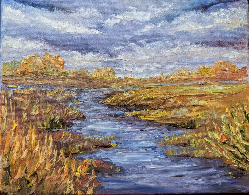 ORIGINAL OIL impasto Painting Autumn Fall River LANDSCAPE 10″x 8″ by Olga Diduh