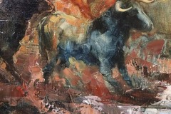 Oil painting bulls horses riders sig. 41x51cm Excellent!