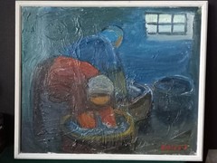 1960s „Laundresses“ Einar Emland Scandinavian Modern Oil Painting.