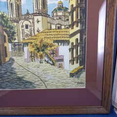 Vintage Original watercolor landscape signed REYES, Prisca Church, Taxco Mexico