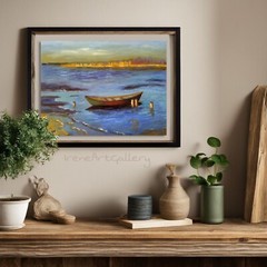 Seascape Painting Original Oil Artwork Low Tide Nautical Art 18×24 Fishing Boat