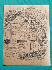 René Magritte drawing and painting on old paper signed stamped vintage