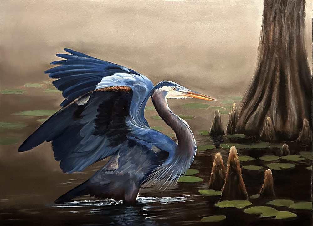 Blue Heron Art Print 8 x 10 Metallic Glossy Cypress Tree Bird Painting