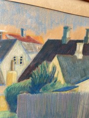 Listed Artist Knud Hvidberg Denmark Original 1954 Pastel Home Scene Framed