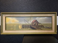 Vintage Seaside Oil Painting Of Boats Dock Boathouse Sunset Signed Framed