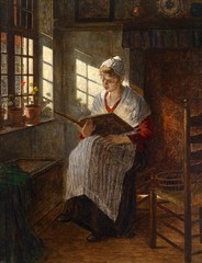 Nice Oil painting young woman seated by window See her old photos canvas