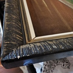 Vintage 70s Black Velvet Mountain Landscape Oil Painting Carved Wood Frame 22×13