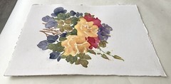 80s Floral Rose Watercolor Art MCM Bold Retro Flowers Leaf Rustic Garden 15×11″