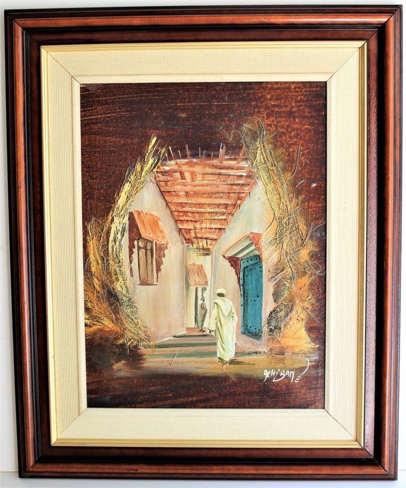 VINTAGE MIXED MEDIA MASONITE BOARD SIGNED ACHIBANE MOROCO STREET VILLAGE SCENE
