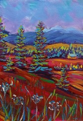 Original Expressionist Mountain Landscape 12×8 Pine Tree Forest Abstract Art