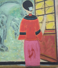 Signed Chun Guang Original Oil Painting Chinese Woman Window Garden Scene 12×12