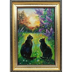 Black Cats Original Oil Painting 4×6 Framed Signed Lilac Garden Landscape Art