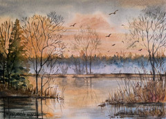 BIRDS FLYING FOGGY FOREST Bob Ross Style Original Artworks Painting MINE LAKE A4