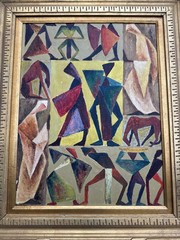 MID CENTURY PAINTING PEOPLE HORSE CUBIST CUBISM MODERNISM ANTIQUE 1940’S OIL