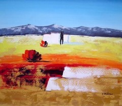 20×24 Modern Nature Scenery in Red. Yellow, Brown, Gray and Blue Oil Painting