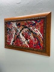 Jackson Pollock abstract art painting on plywood framed .