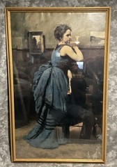 Vintage 1874 (Lady in Blue ) Oil Painting By Camille Corot Framed 24” X 38”