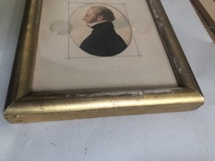 Pair Antique 19C Miniature Watercolor Lady & Gentleman Portraits Gilt Frames