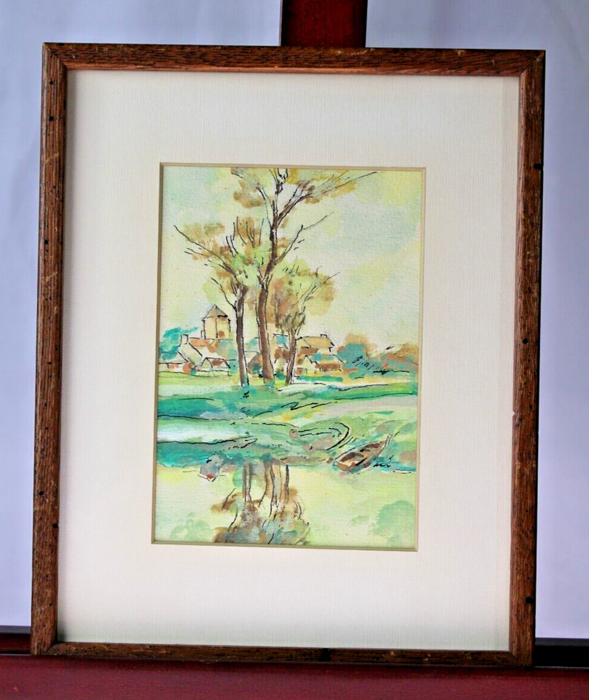 Vintage Watercolor Painting Landscape with Rustic Wooden Frame c. 1930-40