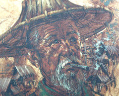 Pair signed, original paintings, portraits on Tobacco leaves, Asian man & woman
