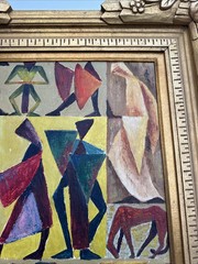 MID CENTURY PAINTING PEOPLE HORSE CUBIST CUBISM MODERNISM ANTIQUE 1940’S OIL