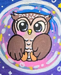 ACEO Original Cute Kawaii Cosmic Owl In A Bubble, 2.5 x 3.5 Inch OOAK