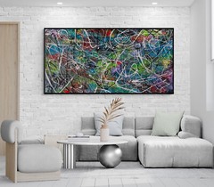 XXL Jackson Pollock Style Colorful Abstract Art Textured Painting 59×30 in