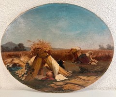 Antique Oil Painting French Farm Landscape Man Woman Impressionist 19th C SIGNED