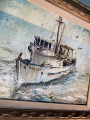Original Oil On Board W J Edwards Signed Tuna Boat Painting MCM San Diego