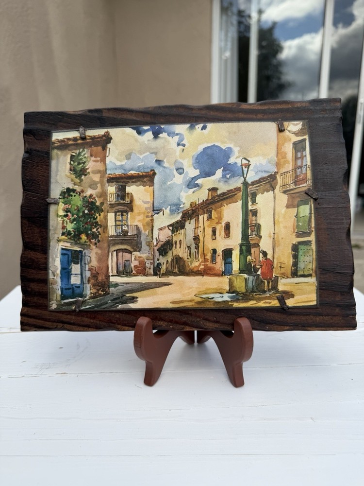 Vintage Handcrafted Wooden Well Art Watercolor Village Made In Spain