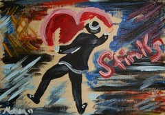 outsider art Love stinks“ 9×12 acrylic on unframed canvas original Mohler
