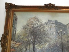 HANS JORG WAGNER LARGE IMPRESSIONIST PAINTING STREET SCENE CAFE FIGURES OLD CAR