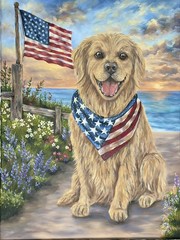 Patriotic American Dog Oil Painting Golden Retriever Original Artwork OOAK