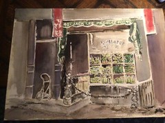 Artist GLASER Watercolor PAINTING “Jack Lee Produce” City Urban Scene